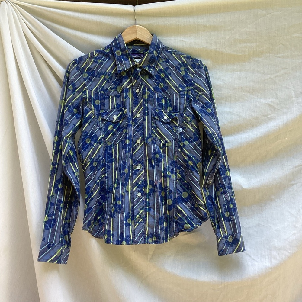 Patagonia Blue and Green Patterned floral button down Shirt, size medium